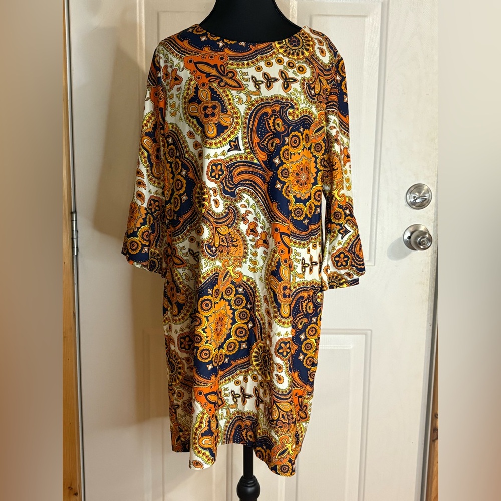 Jude Connally The Marlowe Paisley Dress in Orange & Navy. Size Large